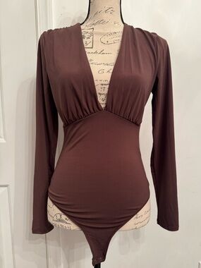 Deep V-Neck Long Sleeve Brown Bodysuit